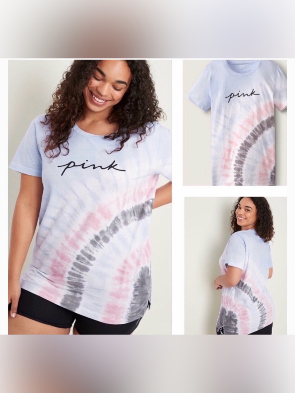 PINK Victoria's Secret Tie-Dye Short Sleeve Crewneck Tee - Light Blue/Pink/Grey